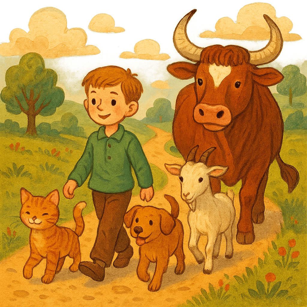 Джек и четверо животных шагом по дороге