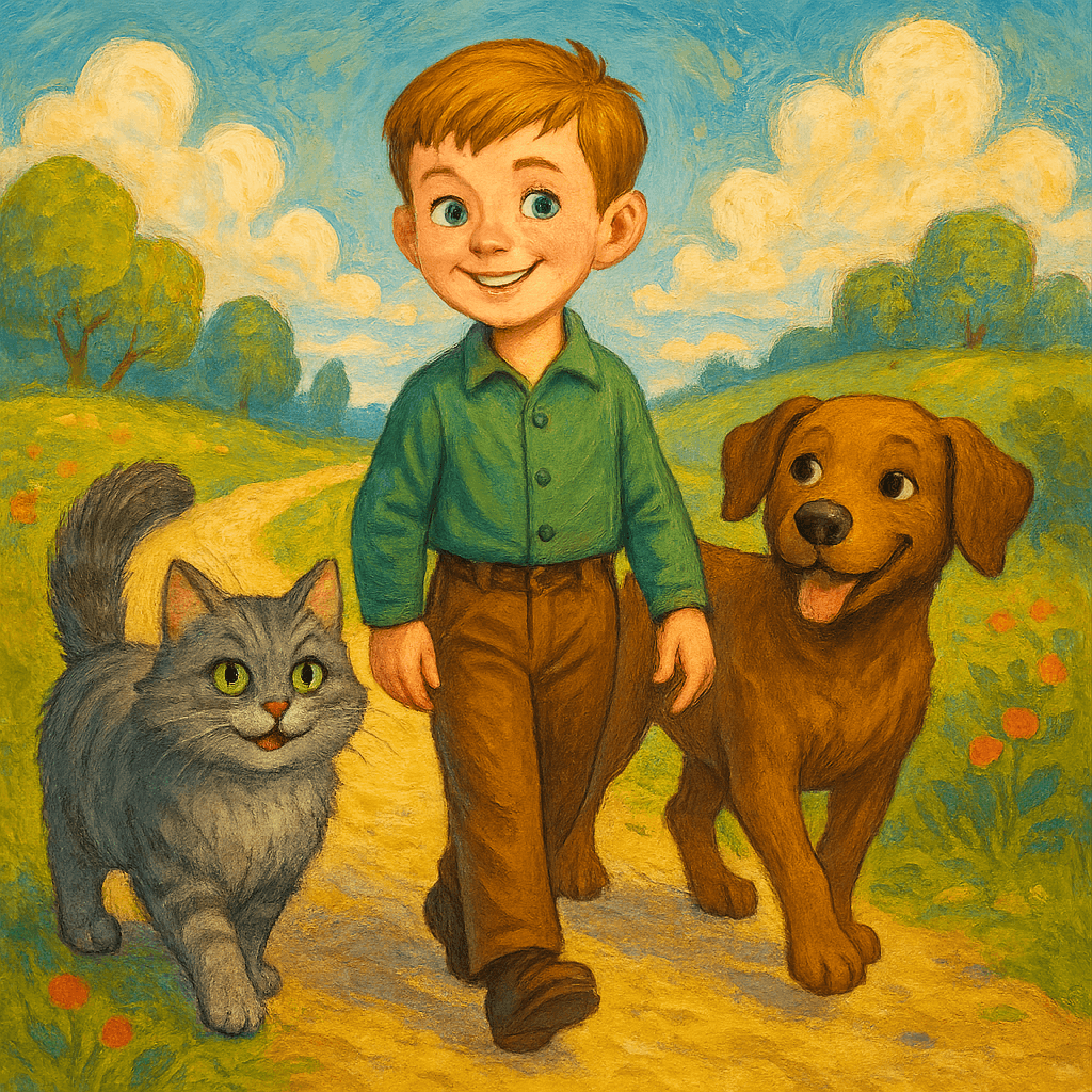 Джек, кот и пес идут по тропинке