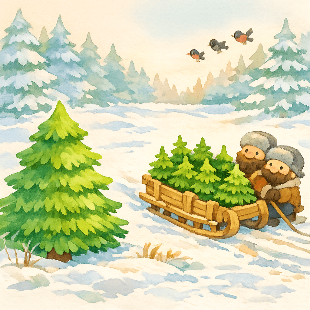 Срубленные елочки на дровнях покидают лес зимой