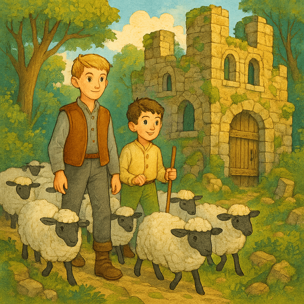 Братья Этан и Горан проводят стадо овец через руины старого замка