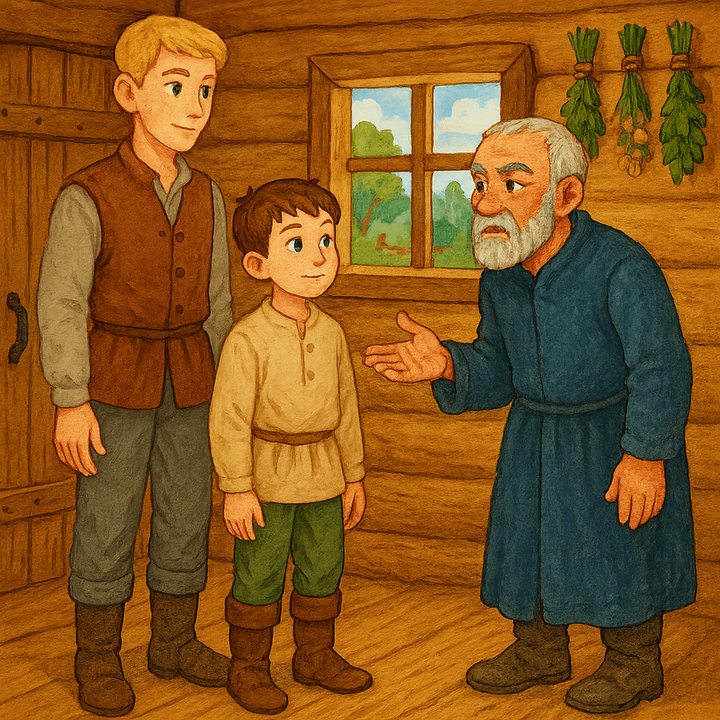 Братья Этан и Горан в избе, где встревоженный староста сообщает им о пропаже овец