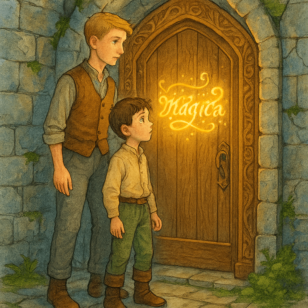 Братья стоят перед первой загадочной дверью в замке с сияющей загадкой