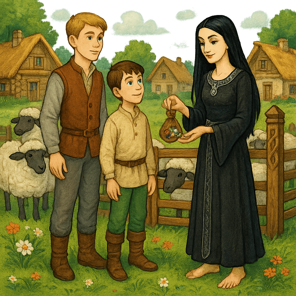Братья возвратились домой с овцами, ведьма Гиана вручает им мешочек с драгоценными камнями на поляне у деревни