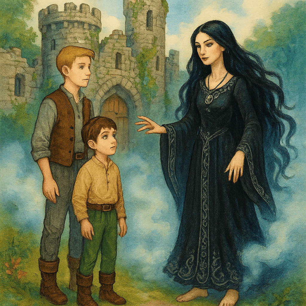 Братья в густом тумане у входа в замок встречают ведьму Гиану