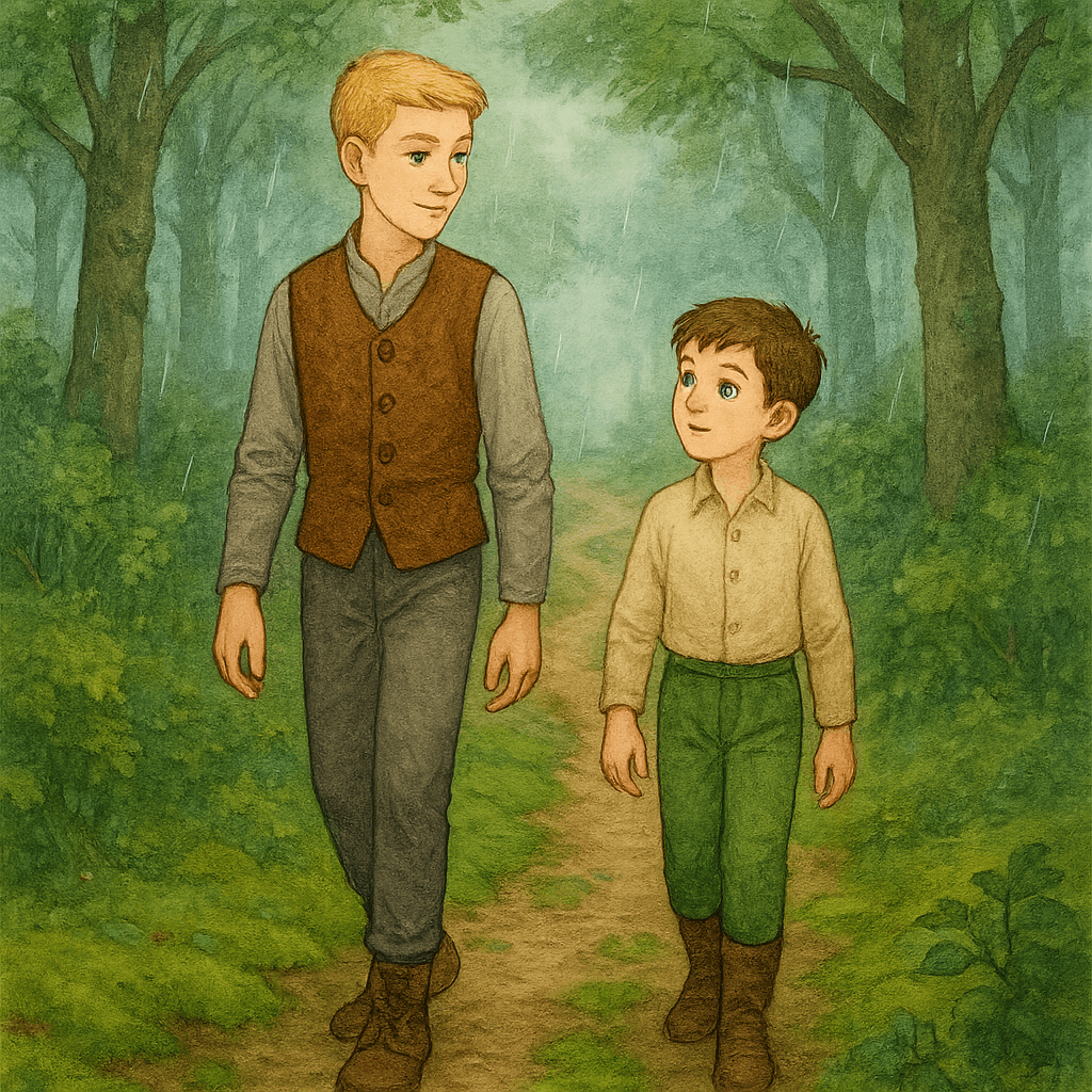 Братья с палками идут по мокрой лесной тропинке среди деревьев и тумана