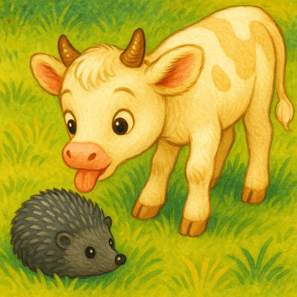 Теленок с вытянутым языком жалуется корове, ёжик клубком на траве