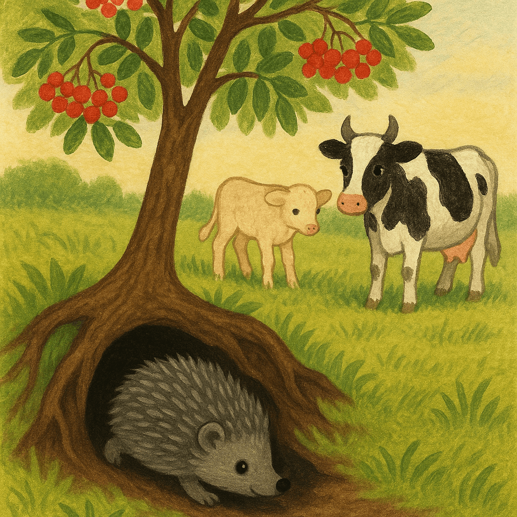 Ёжик катится в темную нору под рябиновым корнем