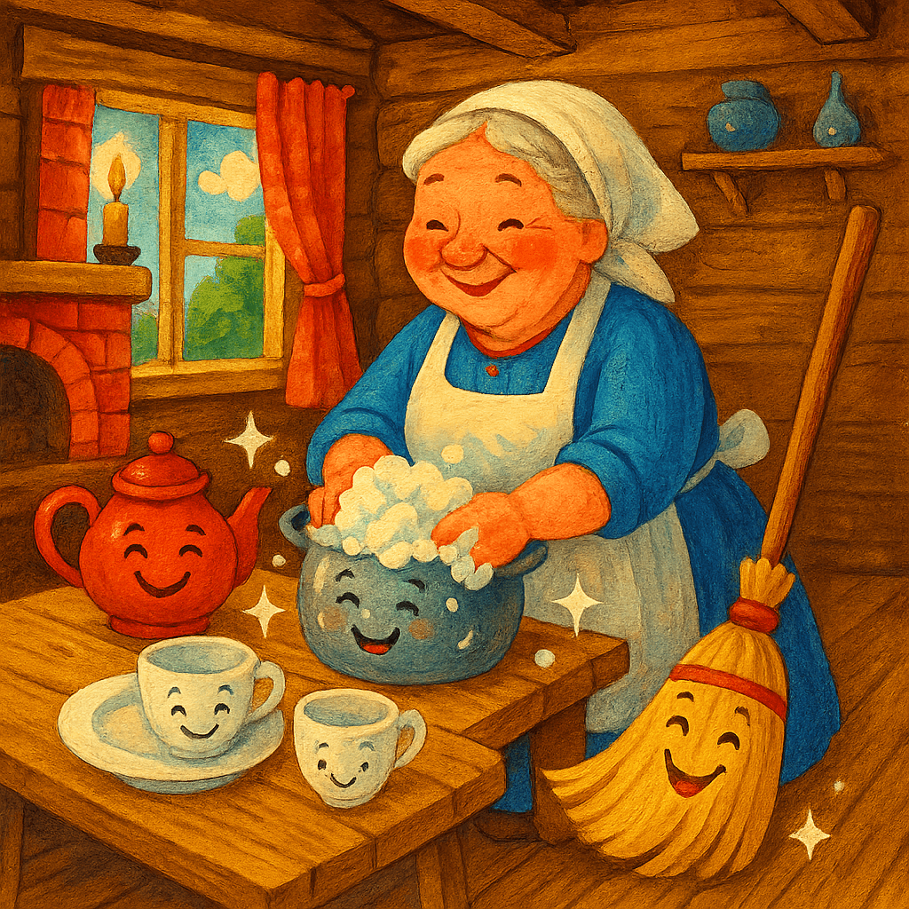 Федора моет и поливает посуду в избе, посуда сияет