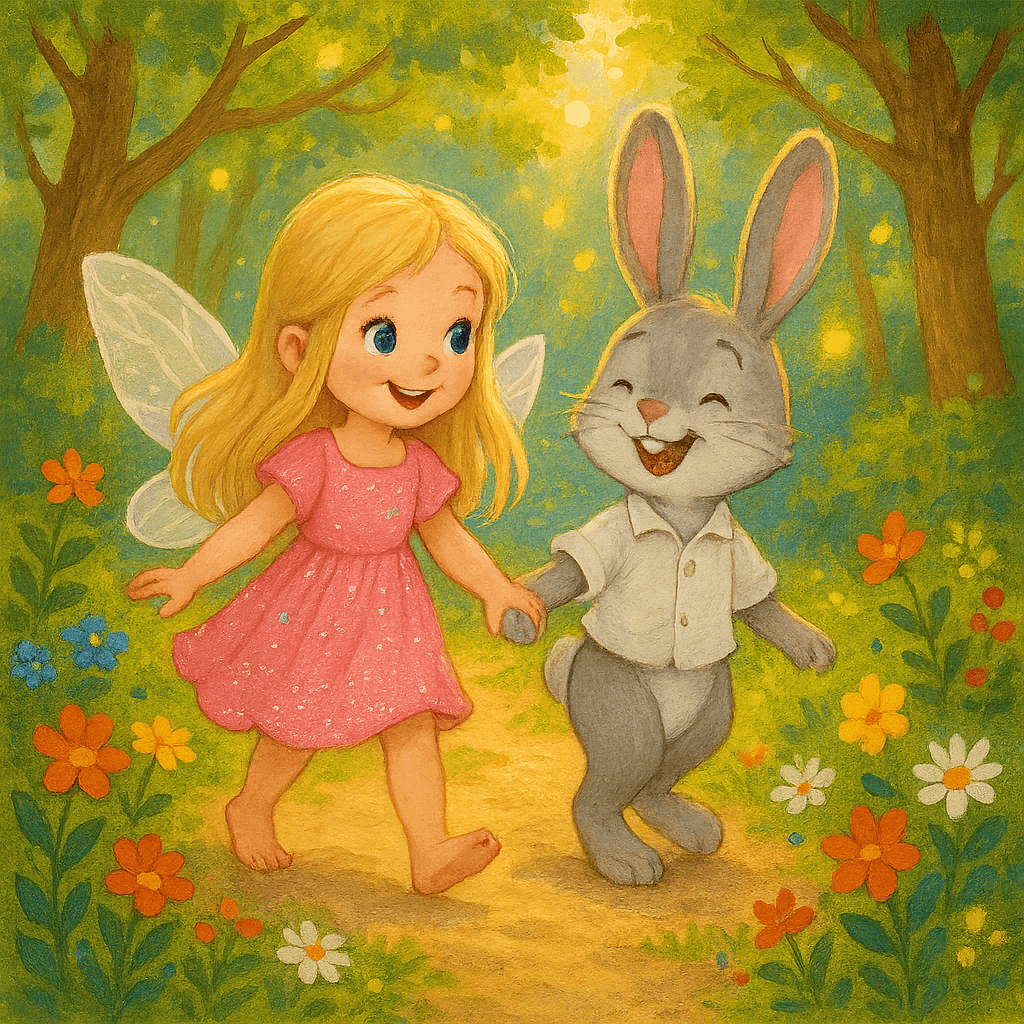 Феечка и Зайчик идут по лесной тропинке, смеются