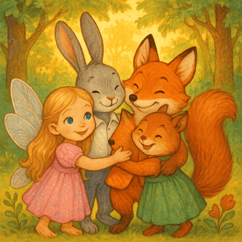 Все друзья счастливо обнимаются на лесной поляне