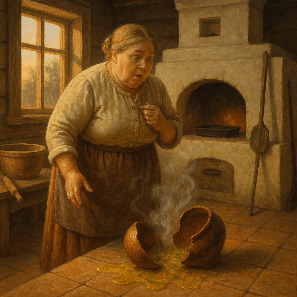 Стряпуха утром у печки обнаруживает разбитый горшок и пролившиеся щи