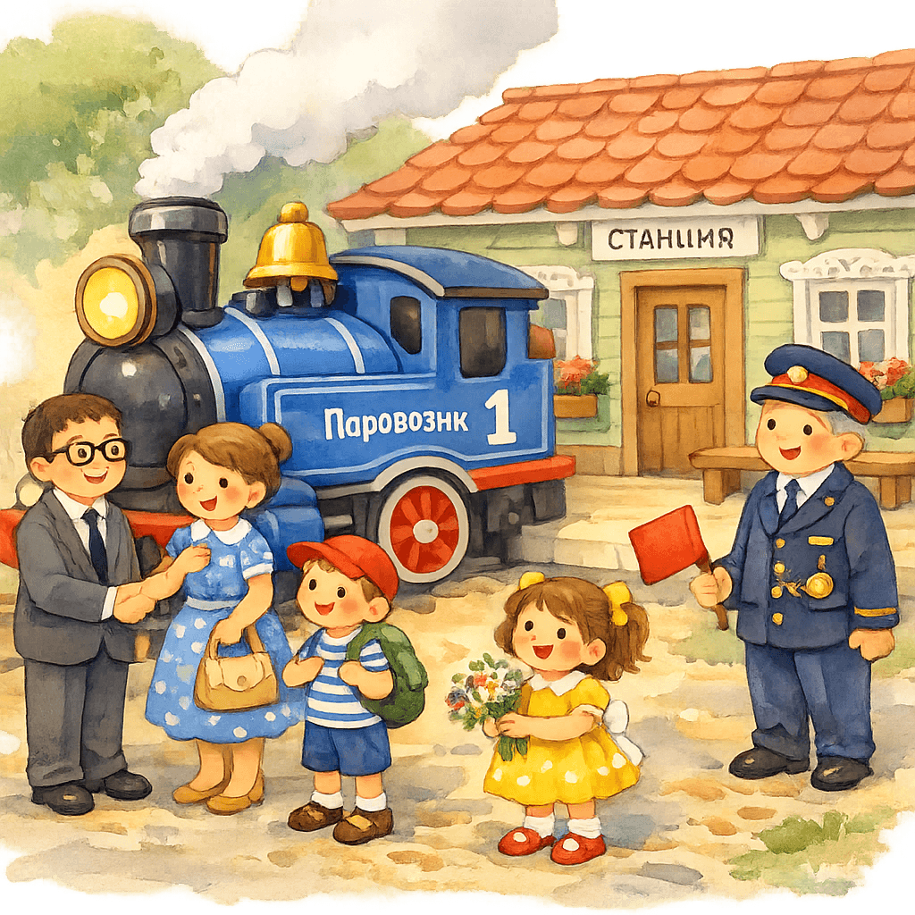 На станции пассажиры благодарят паровозик; начальник станции удивлён, но доволен.