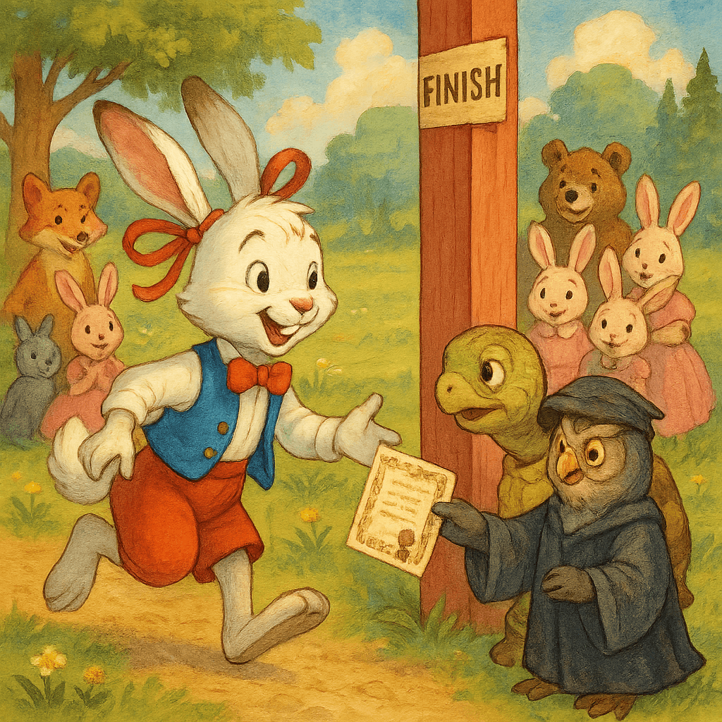 Братец Черепаха триумфально появляется у столба с кошельком на шее, зрители радуются