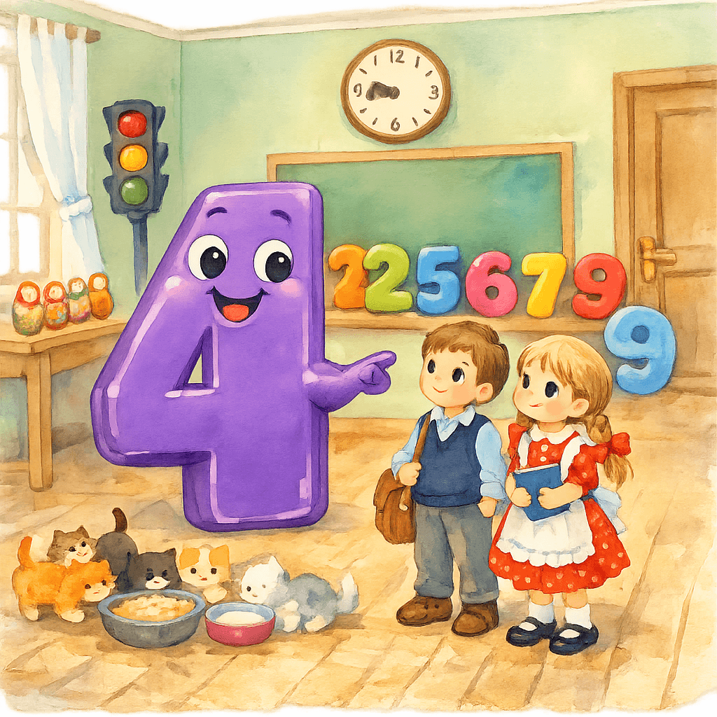 Фиолетовая цифра 4 с оттопыренным локтем стоит у угла комнаты, мальчик и девочка смотрят на неё, вокруг интерьер светлой классной комнаты с остальными цифрами, матрёшками, котятами и светофором.