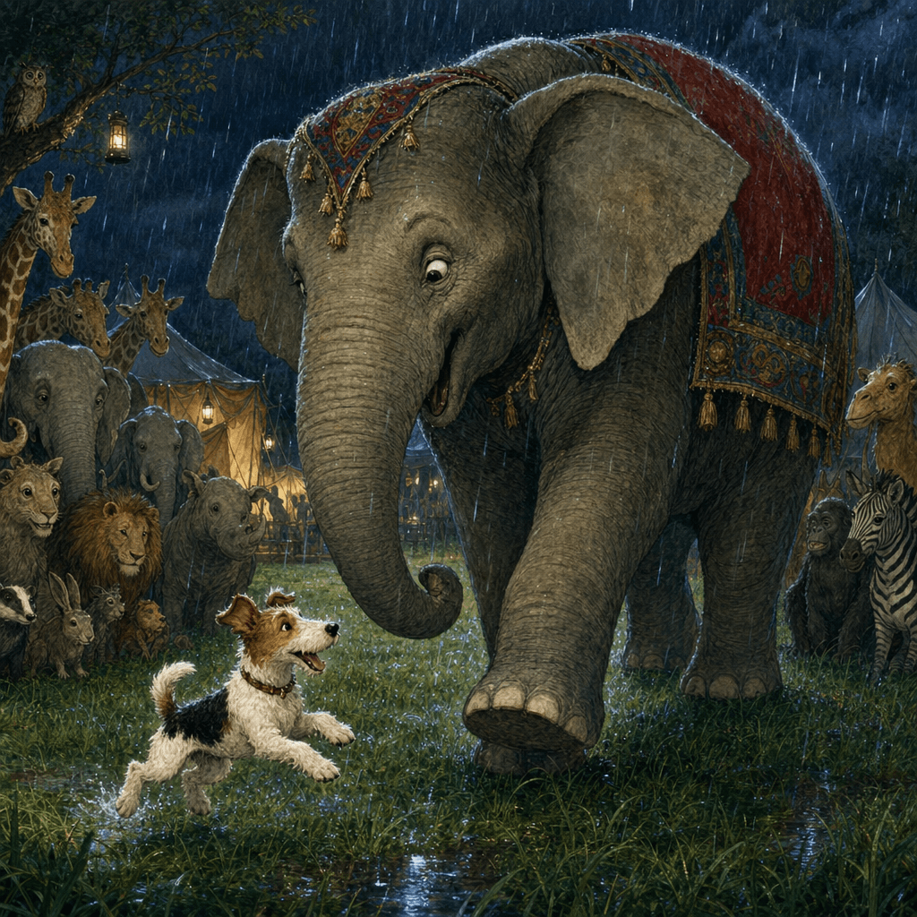 Маленькая собачка Виксон прыгает и лает вокруг ног огромного слона.