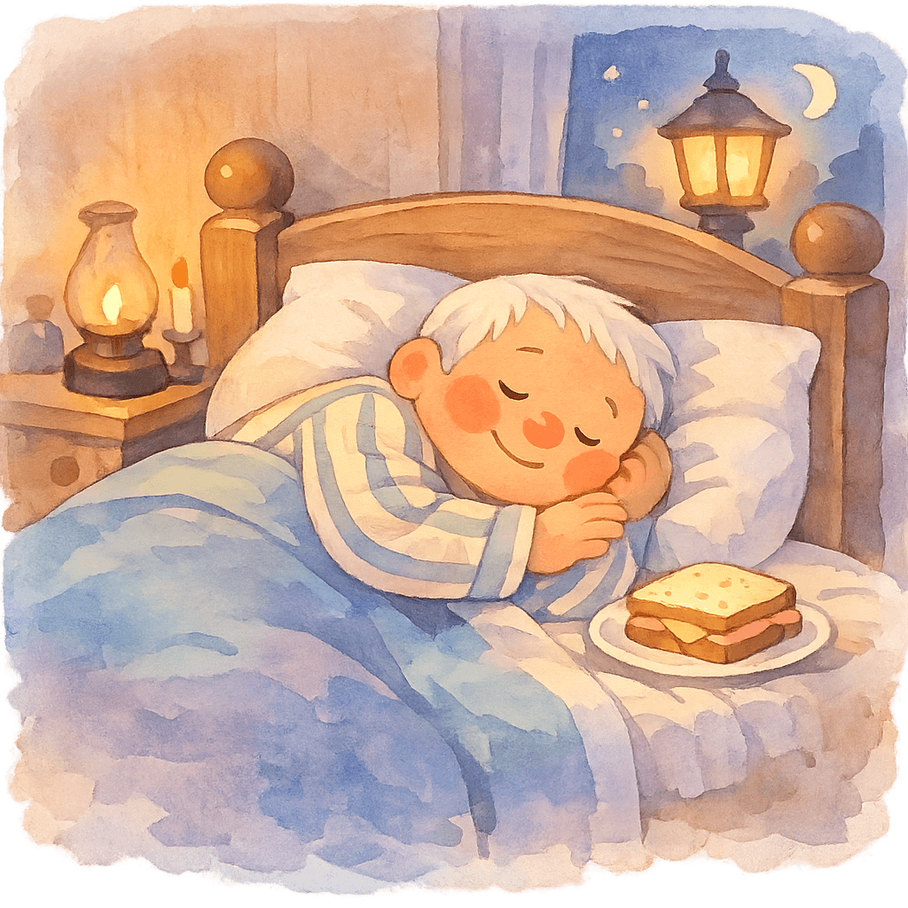 Фонарщик Чарли спит в кровати с бутербродом