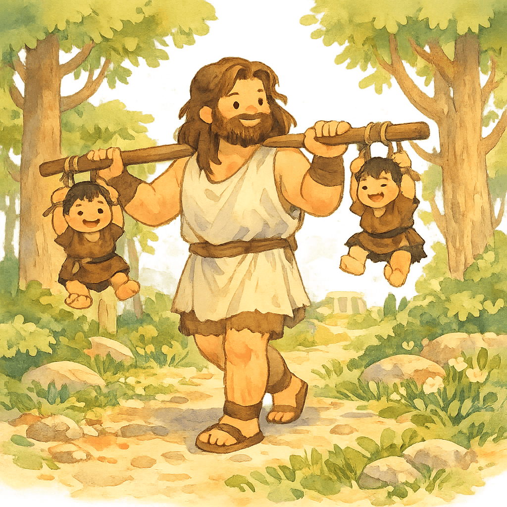 Геракл несёт связанных карликов-керкопов на шесте по лесу