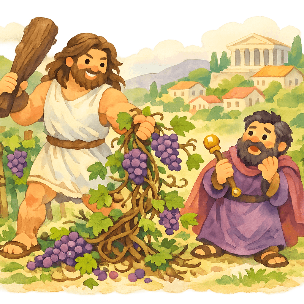 Геракл вырывает лозы винограда в винограднике у царя Силея
