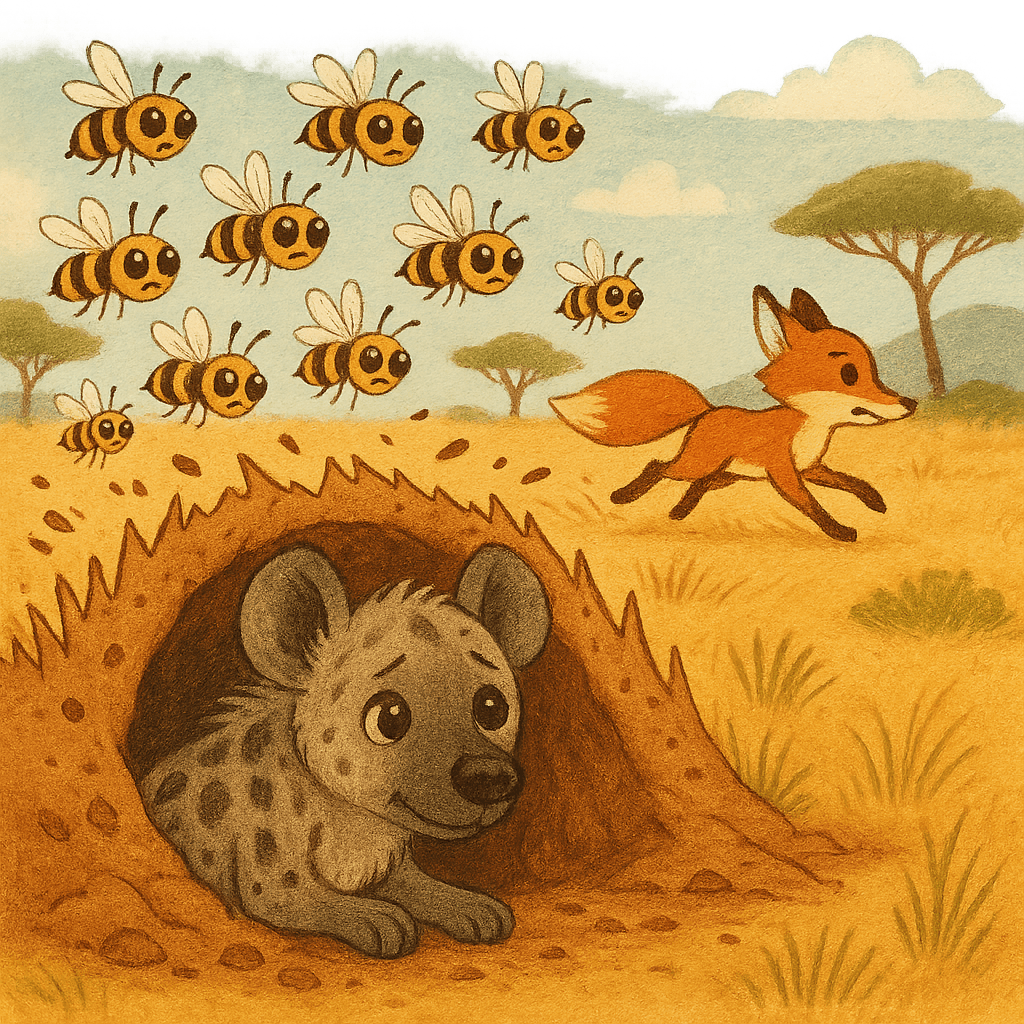 Гиена в яме, на неё напали пчёлы, а лиса убегает