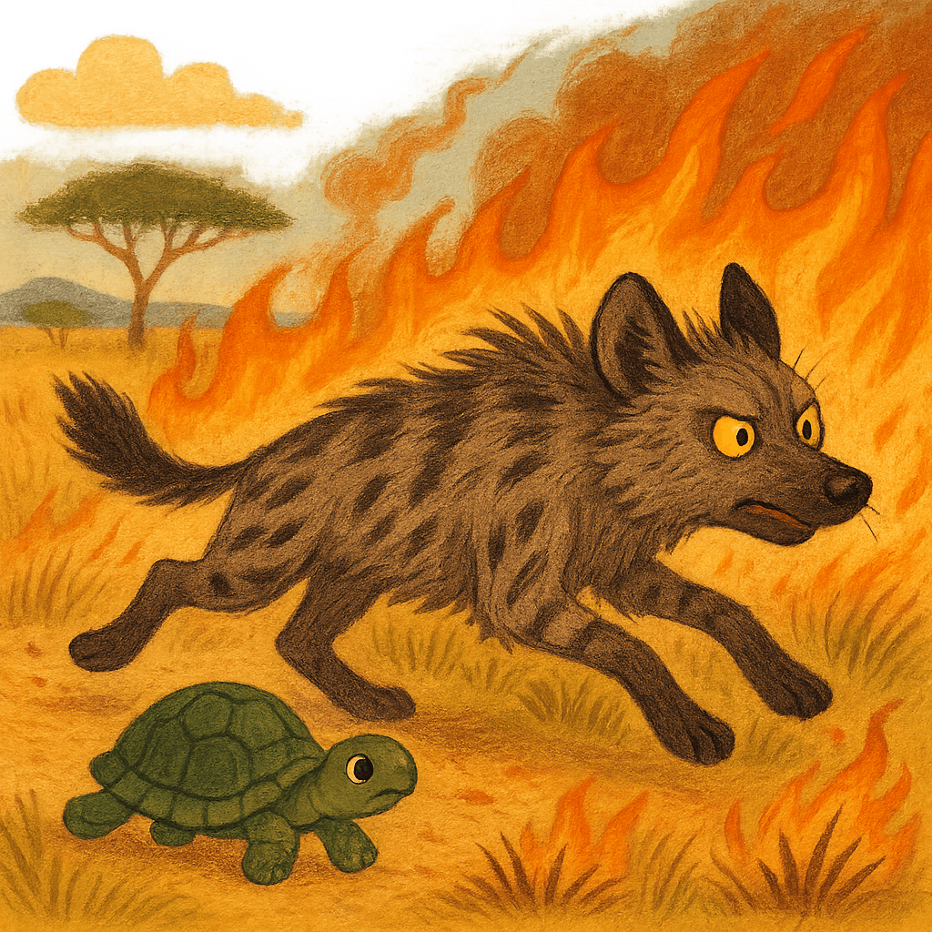 Гиена убегает, не помогая черепахе, а огонь всё ближе.