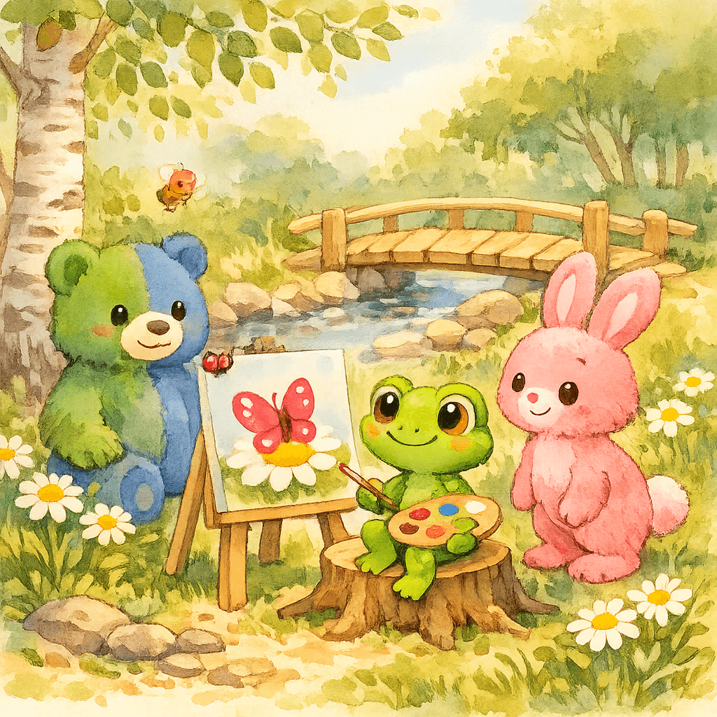 Лягушонок-художник Прыг-Скок рисует бабочку на ромашке; рядом розовый Зайчонок и зелено-синий Медвежонок, на фоне мостик через ручей