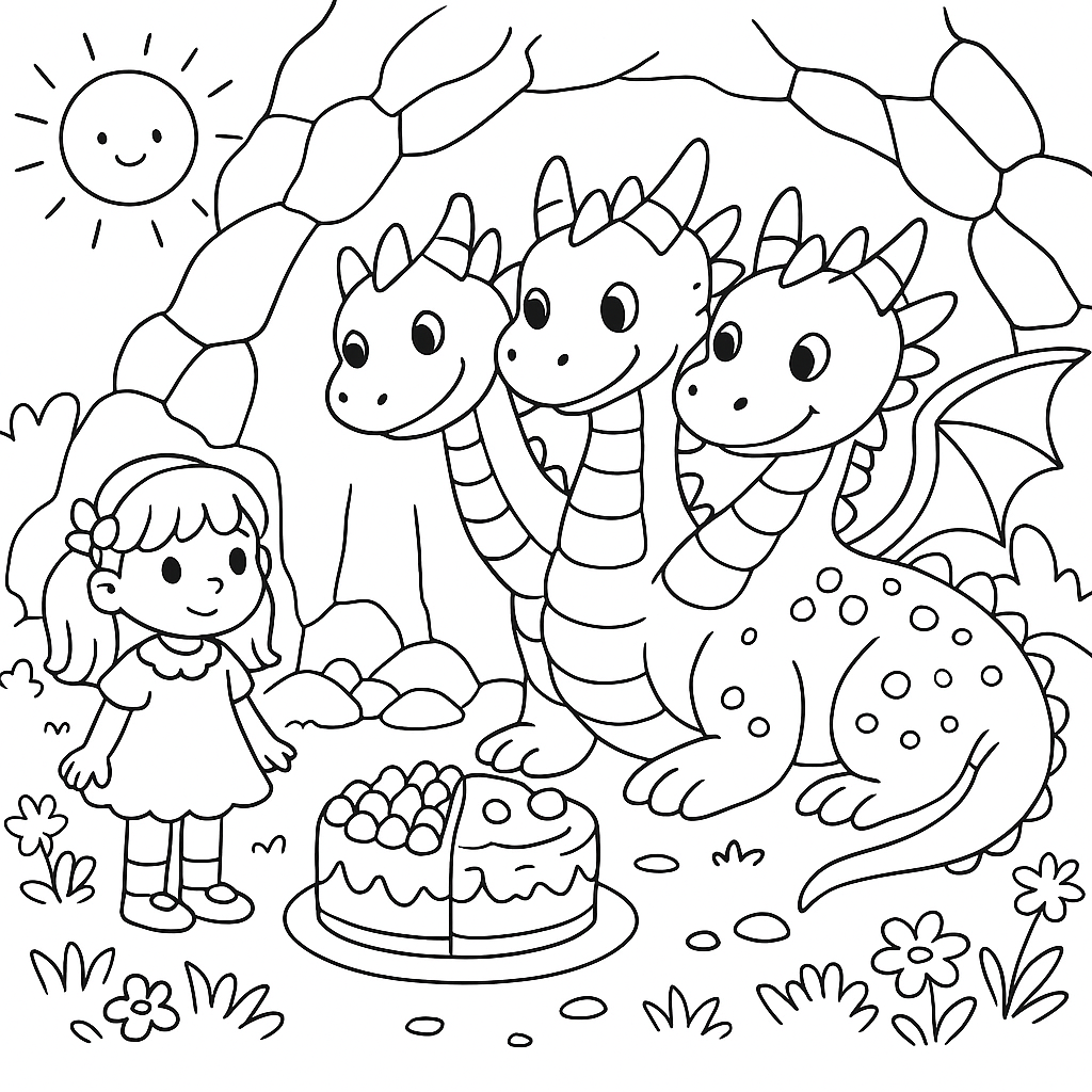 Раскраска по сказке "Храбрая девочка и дракон"