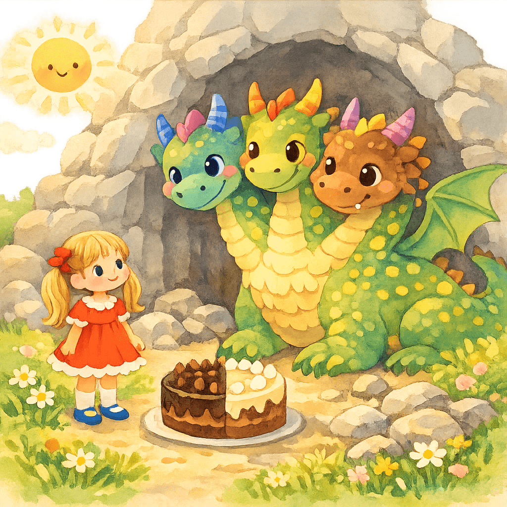 Света с трёхголовым драконом у входа в пещеру, между ними шоколадный торт на траве