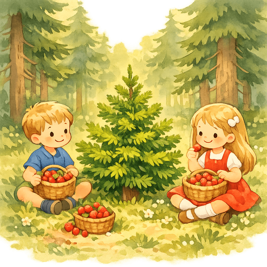 Молодая елочка в лесу с детьми и ягодными корзинками
