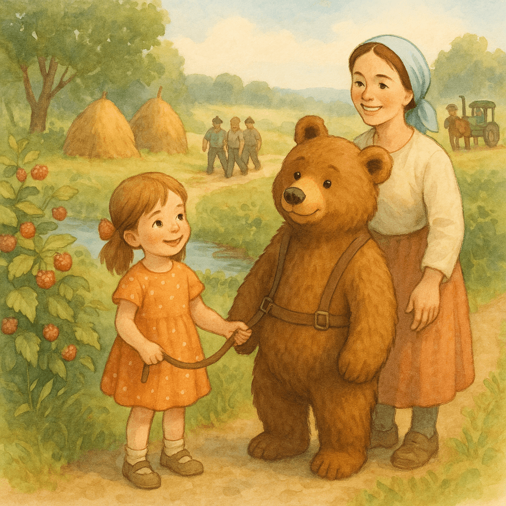 Аришка и выросший Мишук у малинника, мама, колхозники, лошадь и трактор на дальнем плане