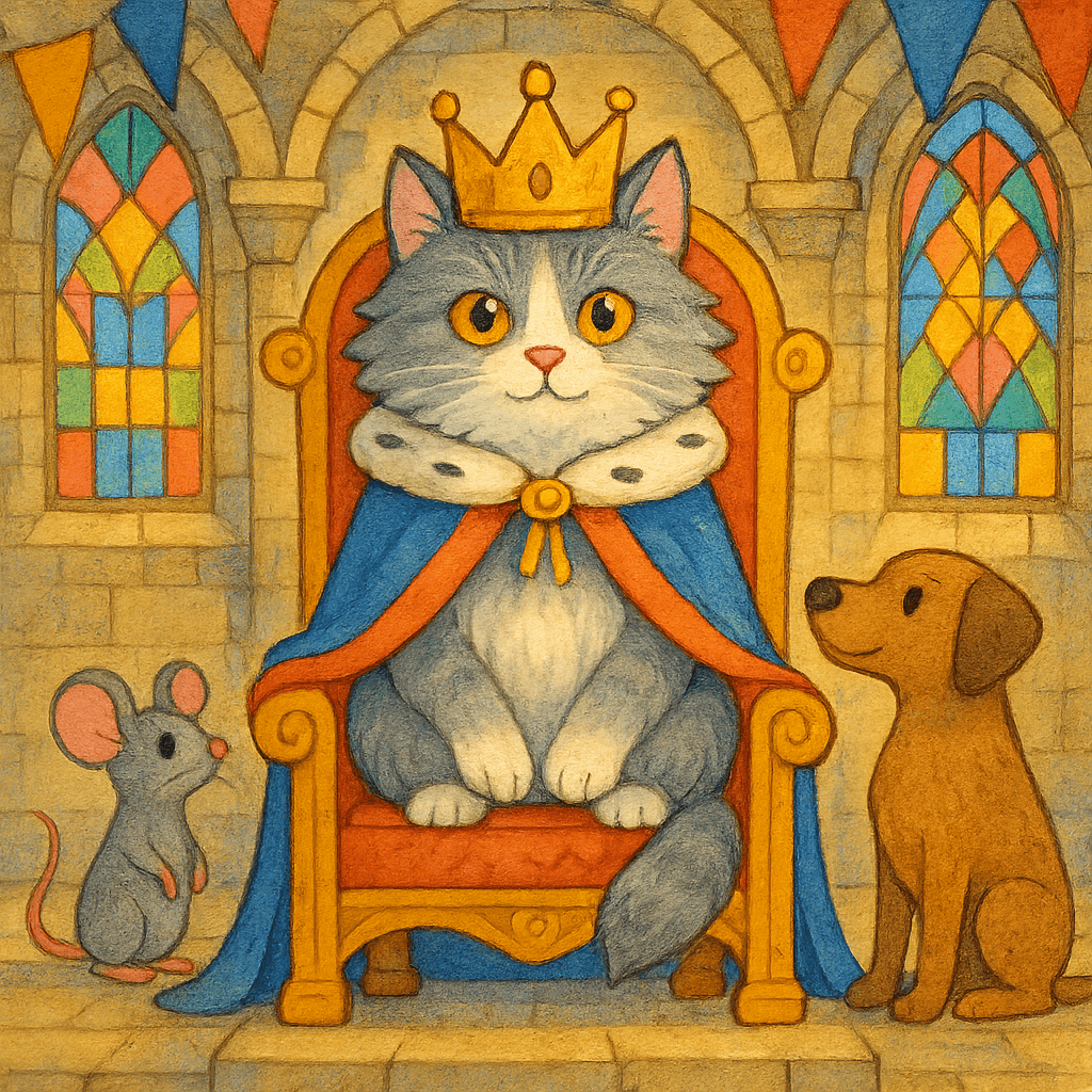 Кошачий король на троне в окружении придворных животных в красивом замке