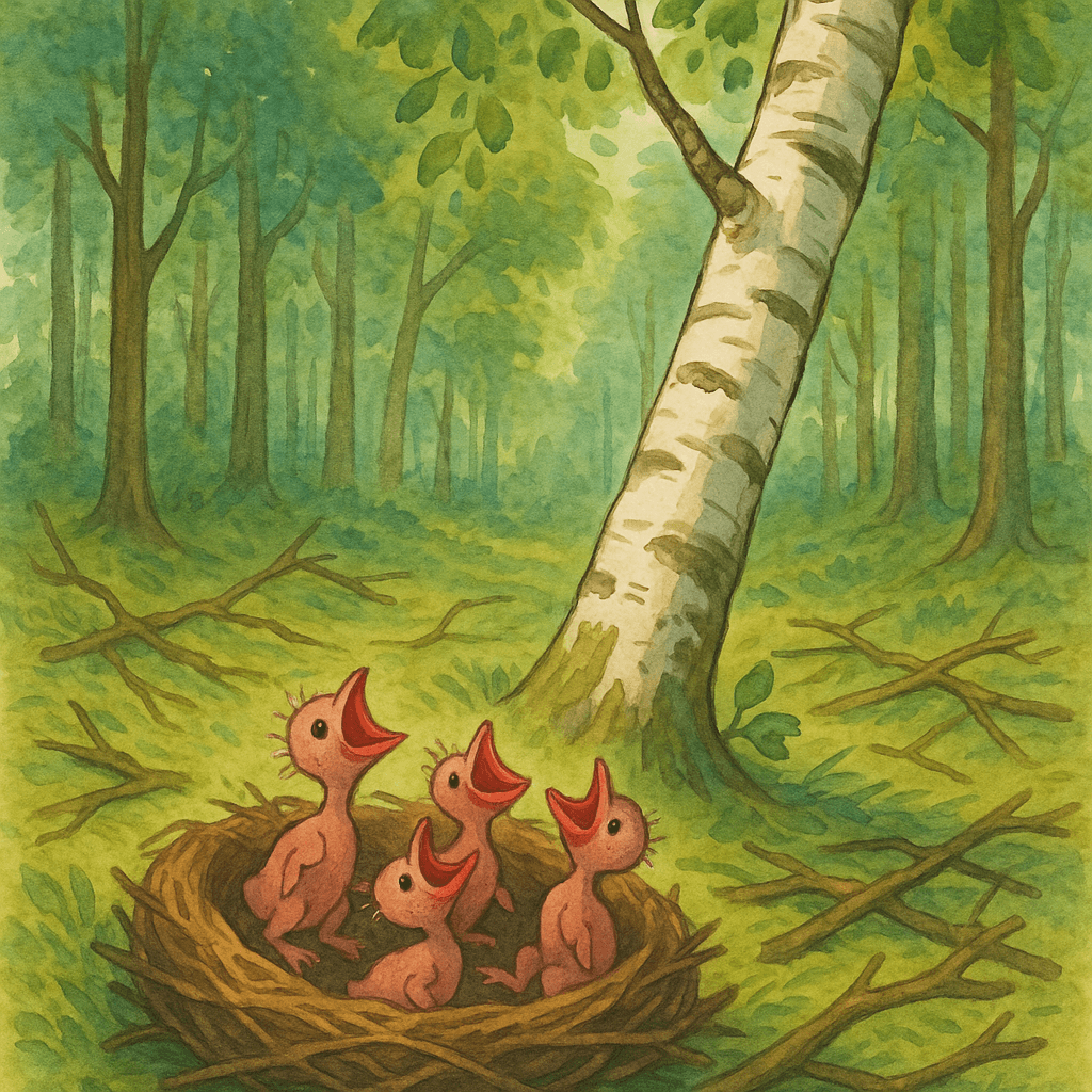 Гнездо с птенцами у подножия березы