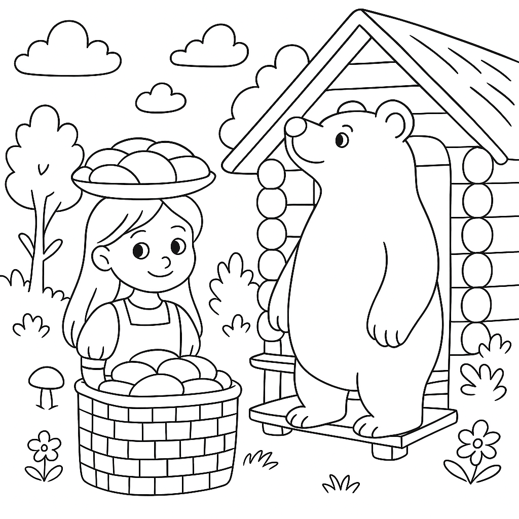 Раскраска по сказке "Маша и медведь"