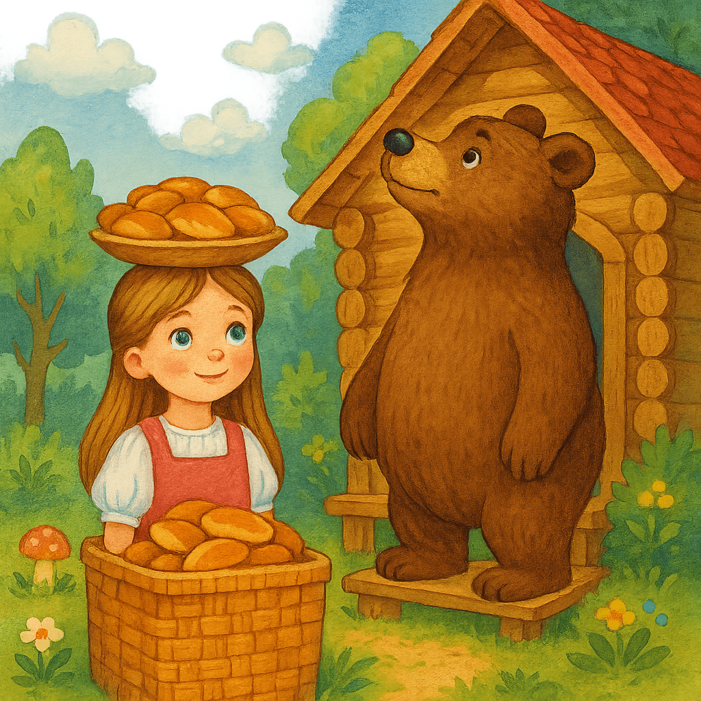 Машенька прячется в короб с пирожками, пока медведь на крылечке