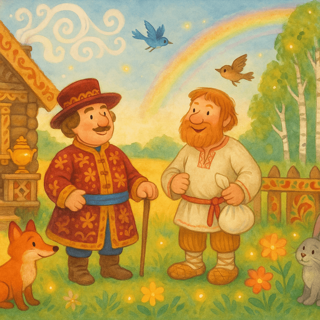 Барин и мужик у избы в сказочной деревне