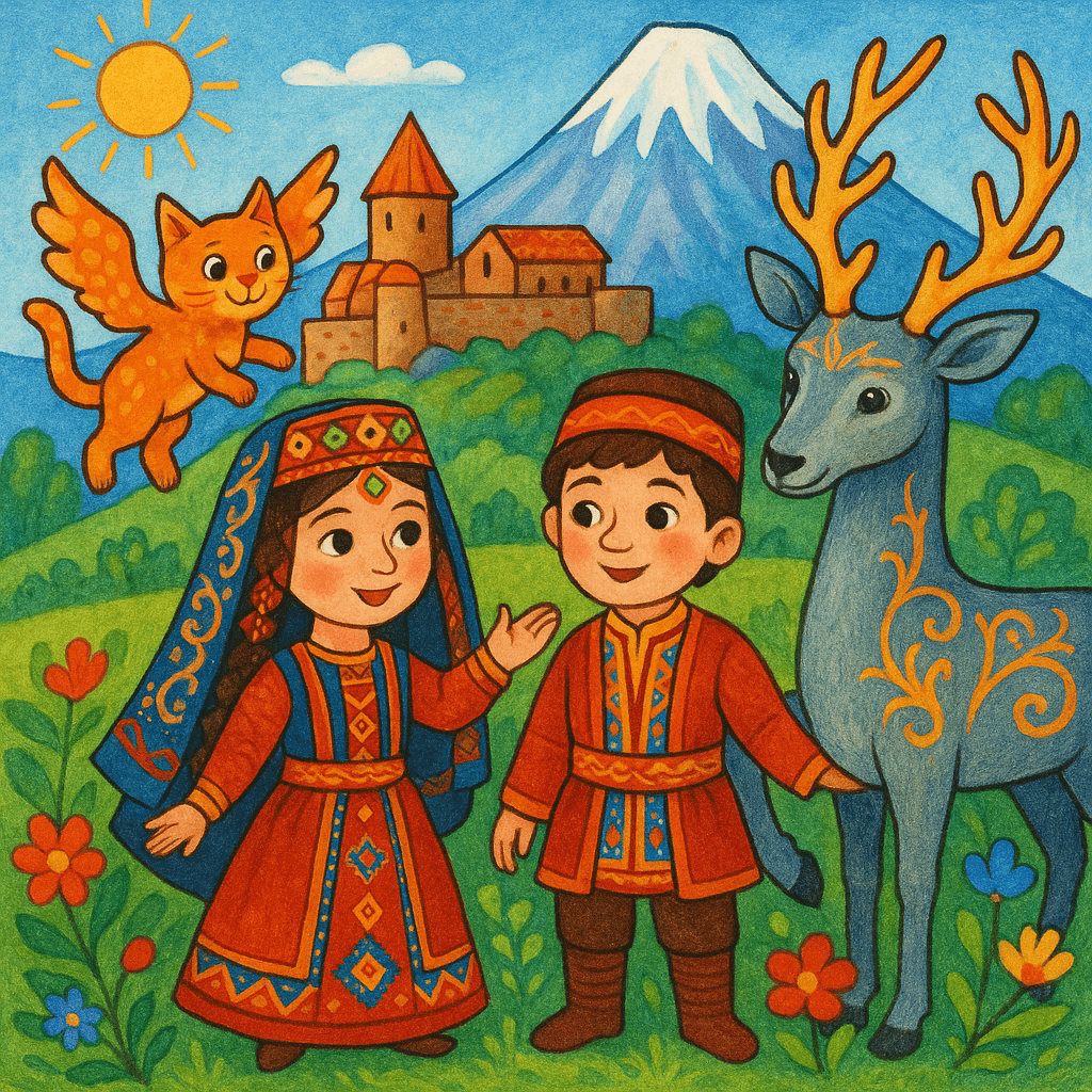Горы, крепость, дети в армянских костюмах с волшебными животными, детский стиль сказки.