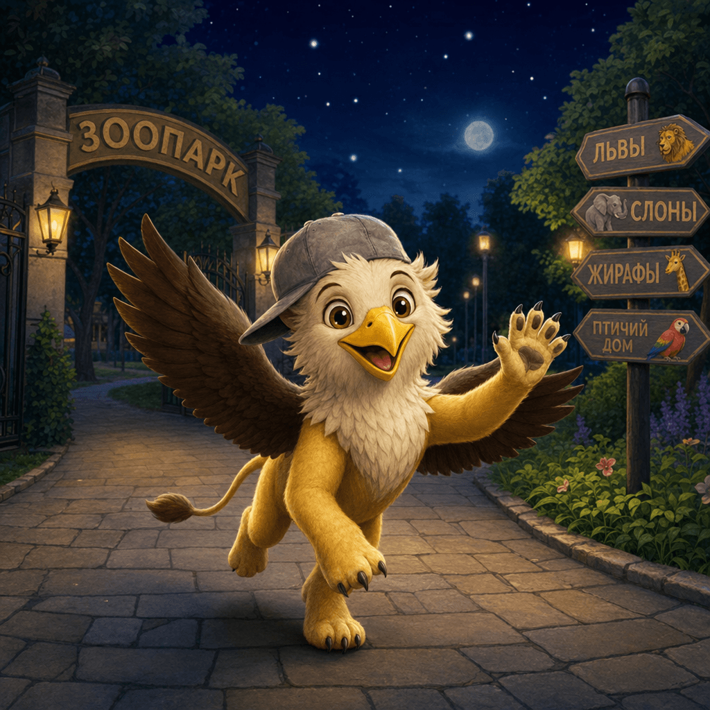 Грифон Гарик выбегает на дорожку в ночном зоопарке