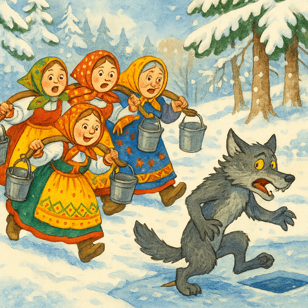 Бабы гонят волка с примерзшим хвостом от проруби