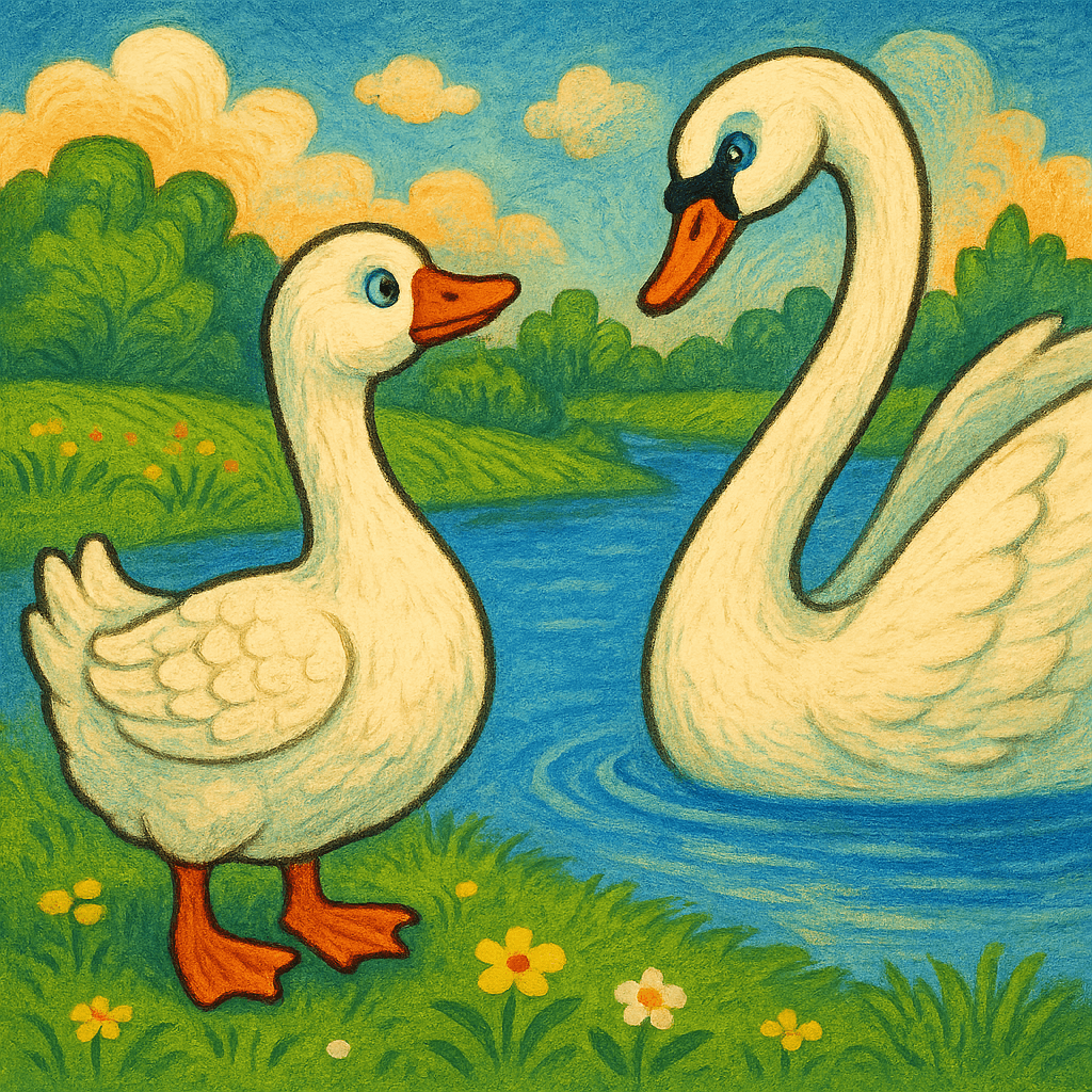 Гусь и лебедь на пруду, гусь завидует длинной шее лебедя.