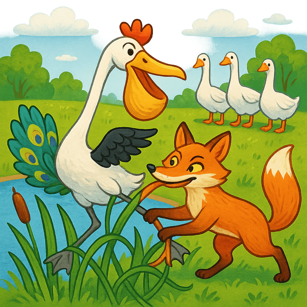 Гусь с изменёнными частями тела запутался в камышах у пруда, а Лиса схватила его за шею и понесла