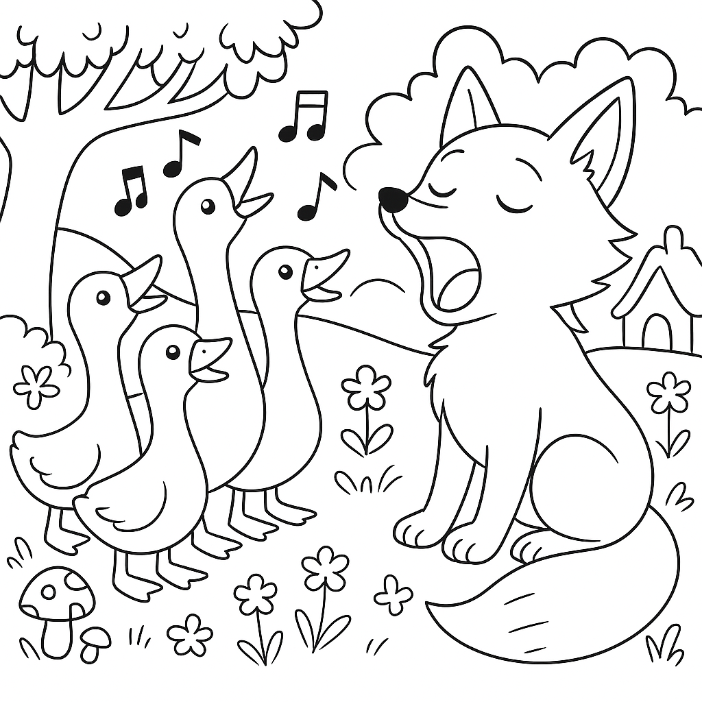 Раскраска по сказке "Лиса и гуси"