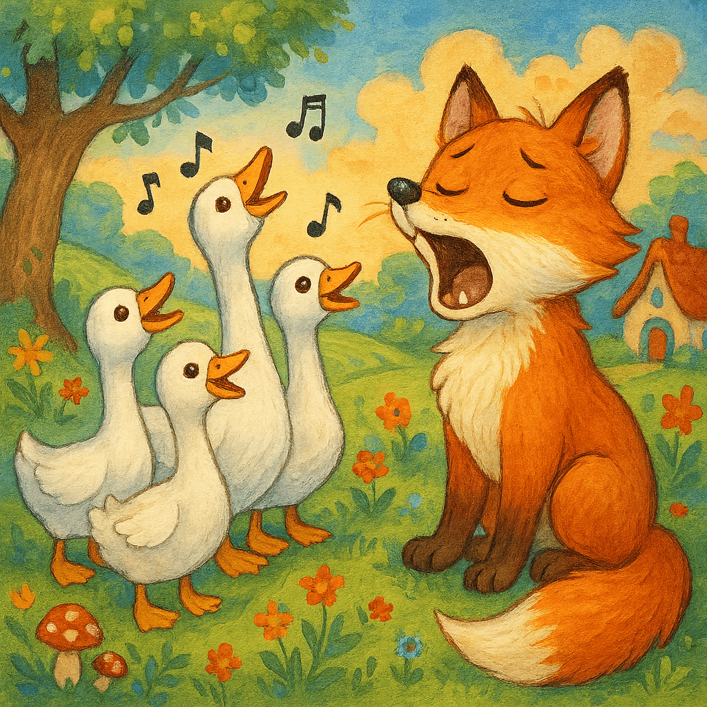 Гуси продолжают громко петь, а лиса уже выглядит обманутой и уставшей.