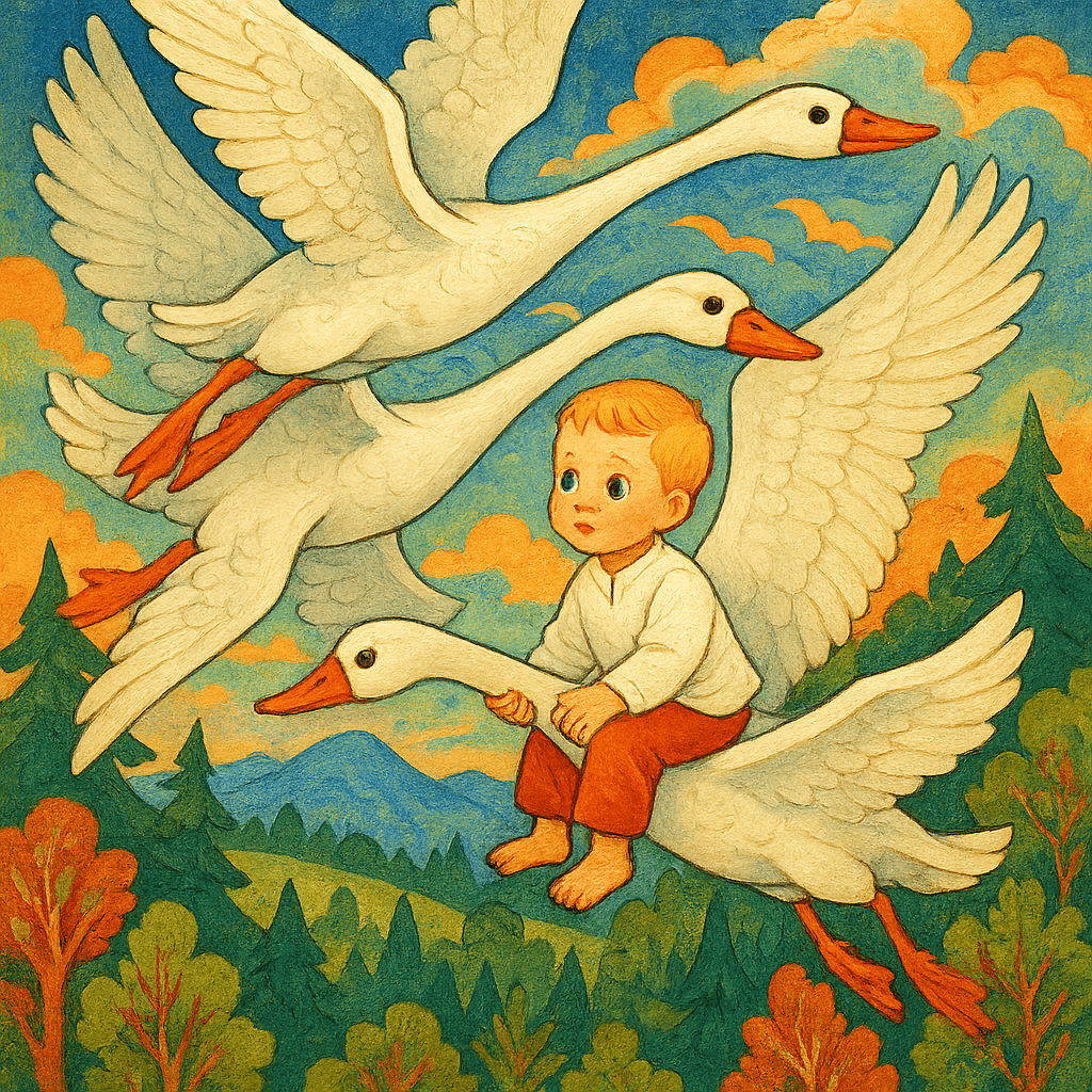 Гуси-лебеди уносят братца мальчика в небо