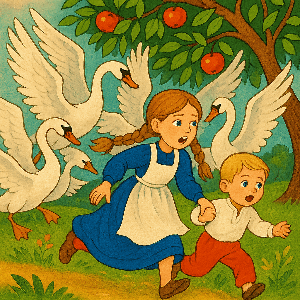 Гуси-лебеди ищут детей, а яблоня укрывает их ветками