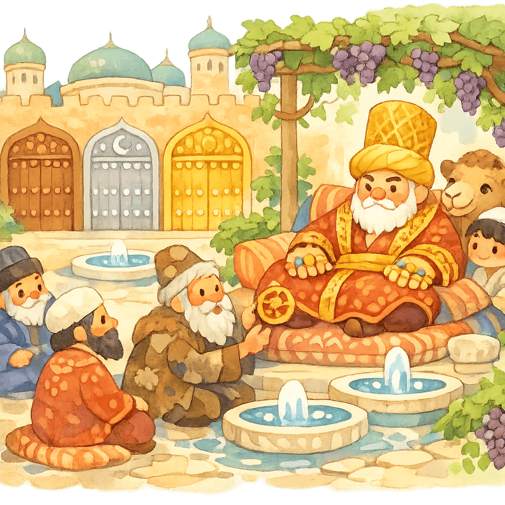 Дворец, хан на подушках и пришёдшие звездочёт, верблюд и мальчик