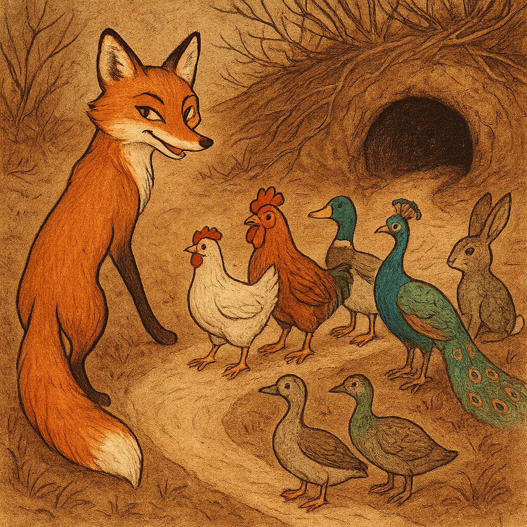 Лиса ведет животных к своей норе