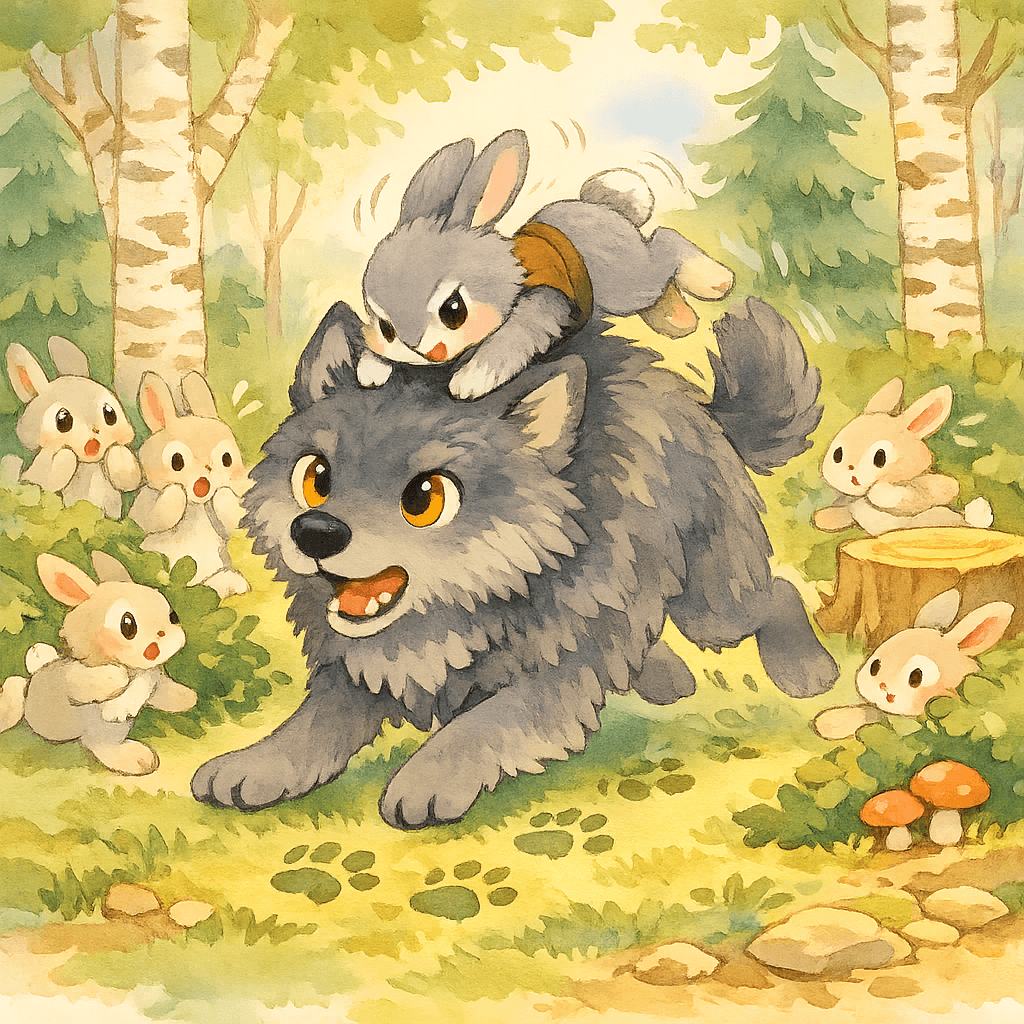 Заяц прыгает на голову волку, остальные зайцы разбегаются