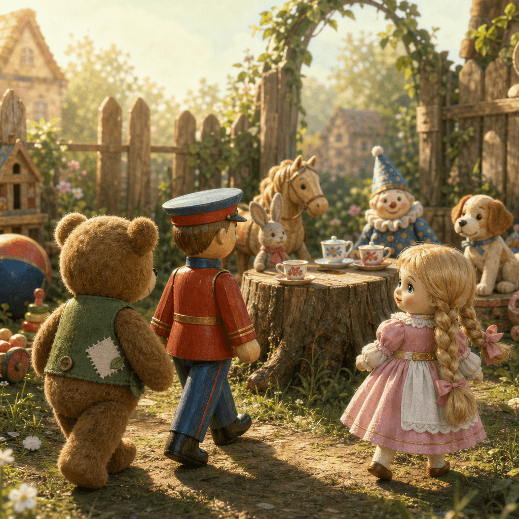 Игрушки возвращаются к пню, и Миша с заплаткой сидит рядом с друзьями.