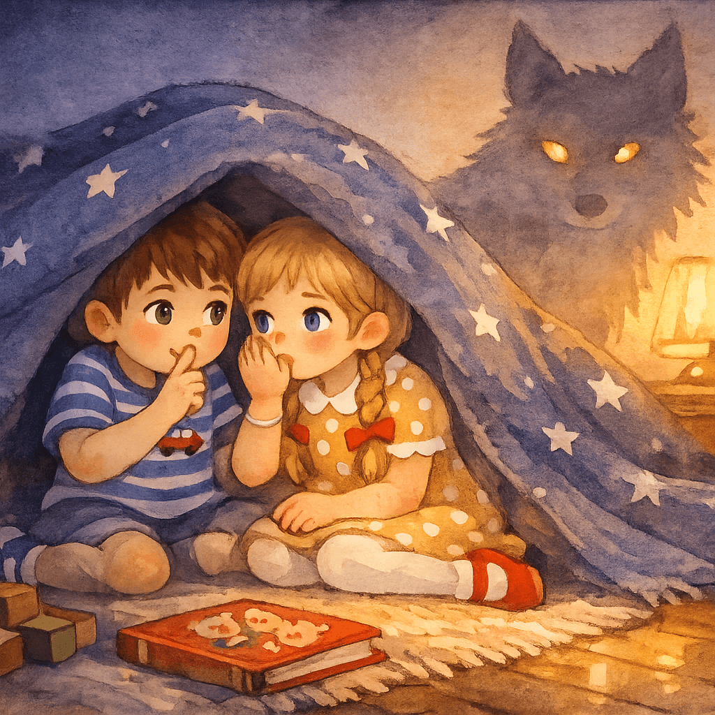 Дети внутри тёмного домика из одеяла, на стене мягкая тень воображаемого волка.