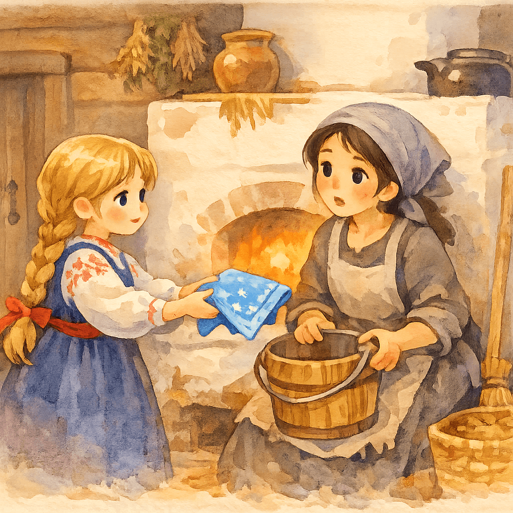 Девочка дарит работнице платочек и просит помощи