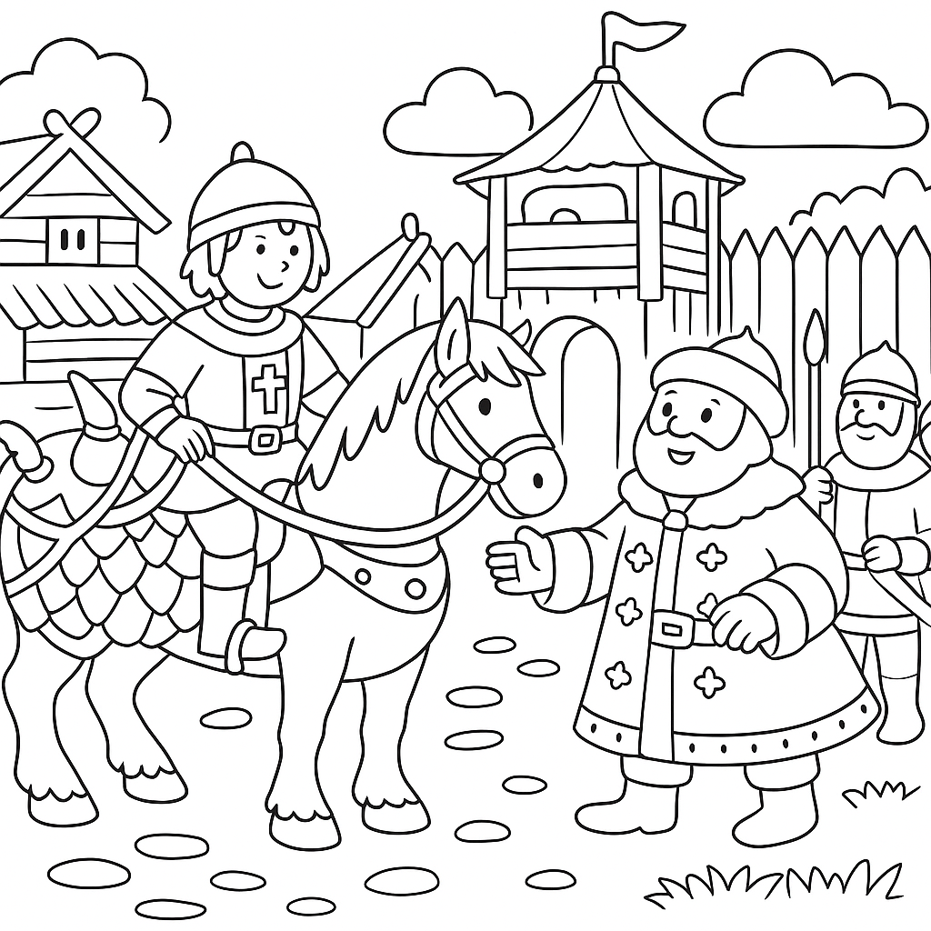 Раскраска по сказке "Алёша Попович и Тугарин Змей"